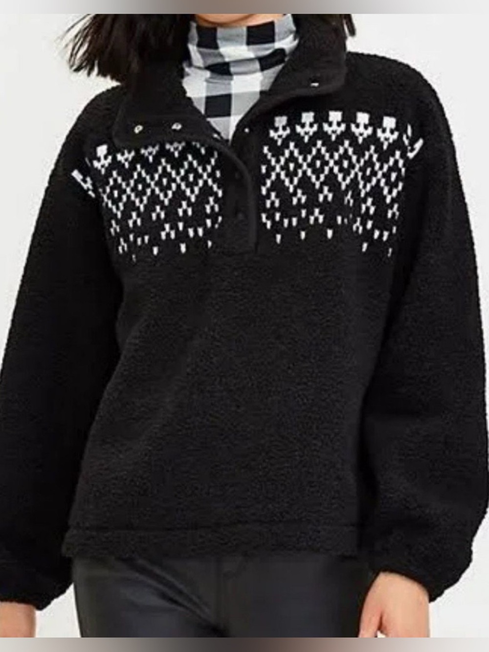 New LOFT Cozy Sherpa Fair Isle Black Pullover L - Picture 10 of 11